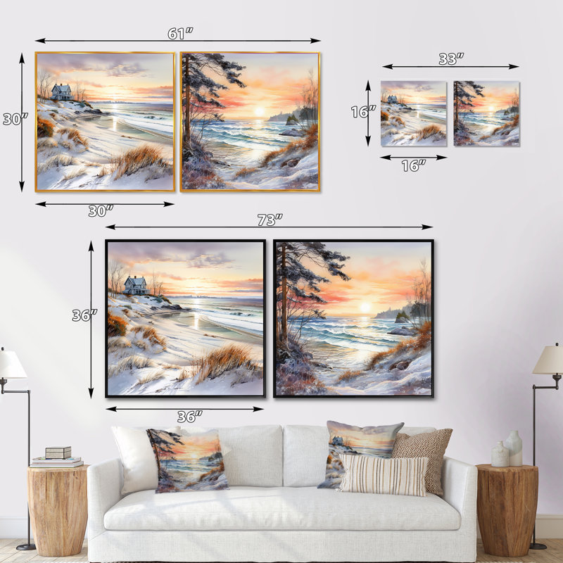 Plage, charme de coucher de soleil en hiver - ensemble de 2 collages carrés, Cadre flottant doré, H 16 po x l 33 po