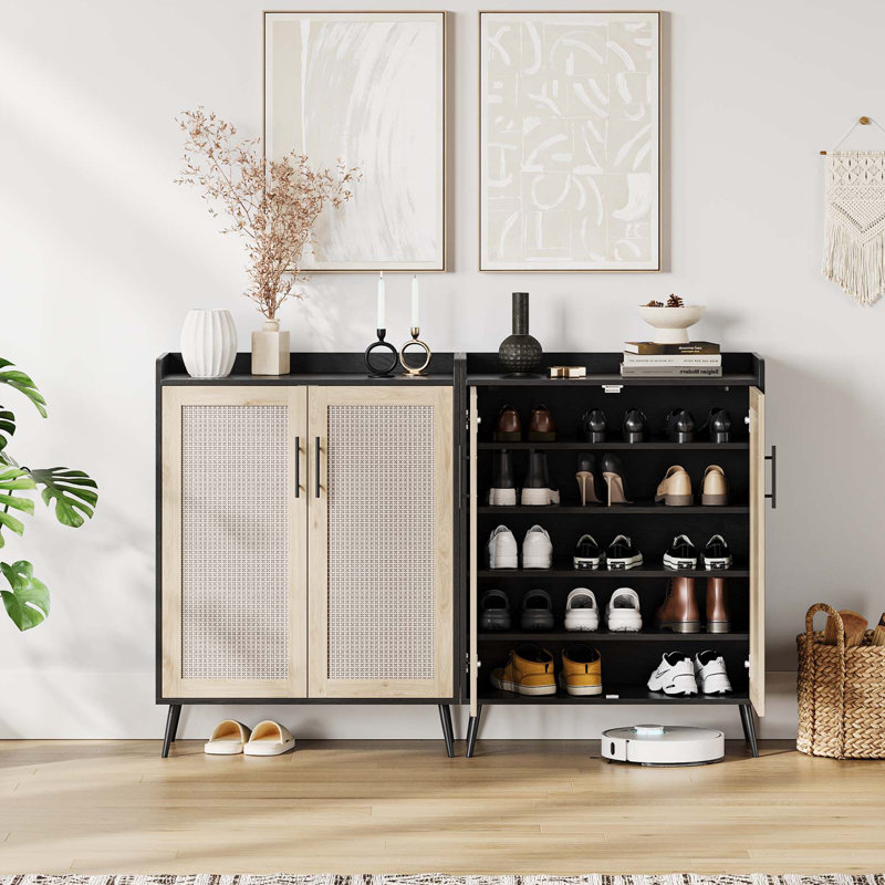 Rattan Shoe Cabinet, 5 Tier Shoe Storage with 2 Doors, Adjustable Shelves, Magnetic Closure, Metal Legs, Farmhouse Shoe Rack Cabinet, Modern Entryway Table with Storage, Black+Oak
