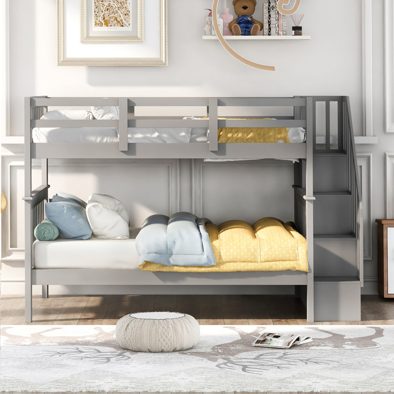 Stairway Full-Over-Full Bunk Bed With Storage And Guard Rail For Bedroom, Dorm, Grey