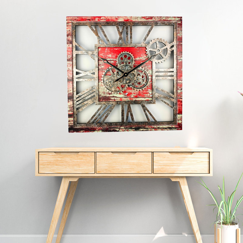 Wall Clock 24" Square Oversized for Living Room decor with Real Moving Gears America Collection, Red