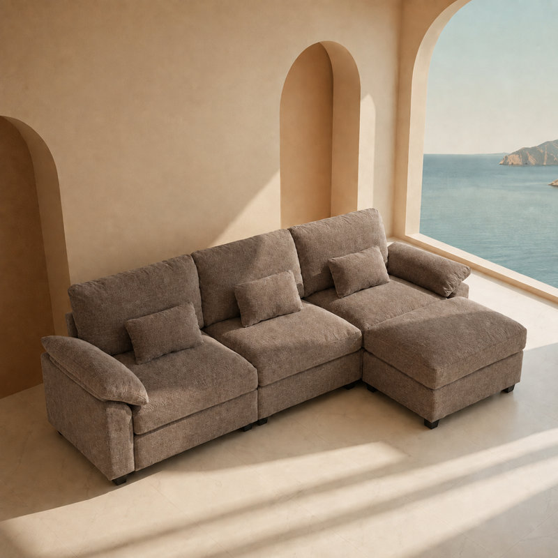 Canapé d'angle trois places en chenille avec méridienne, idéal pour toute la famille et parfait pour le salon., Brun