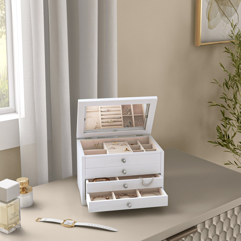 Wood Jewellery Box + Drawers, White