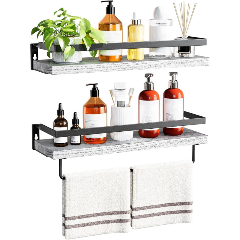 2 Piece Wall Shelves for Bathroom, Kitchen, Bedroom, Bathroom Shelf with Towel Bar, 5.12" H x 16.54" W x 4.72" D, White