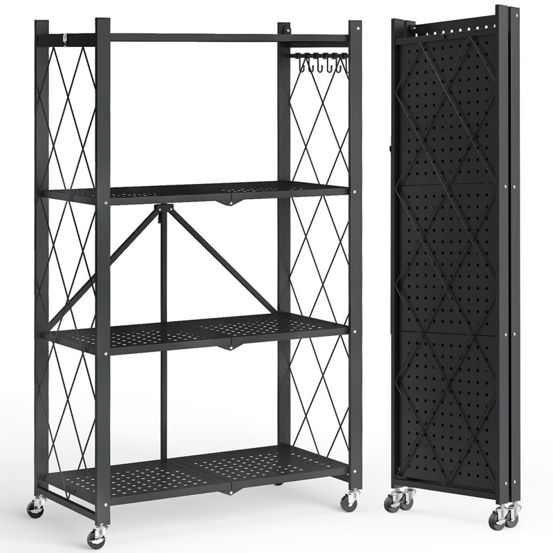 Tablette de rangement pliante à plusieurs niveaux en métal avec roues et crochets, support pliable sans assemblage pour la cuisine, le garage et le bureau