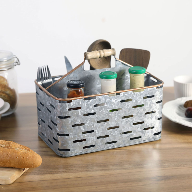 Galvanized Metal Kitchen Utensil Holder Caddy With 2 Compartments, Copper Tone Edges And Rustic Wood Handle