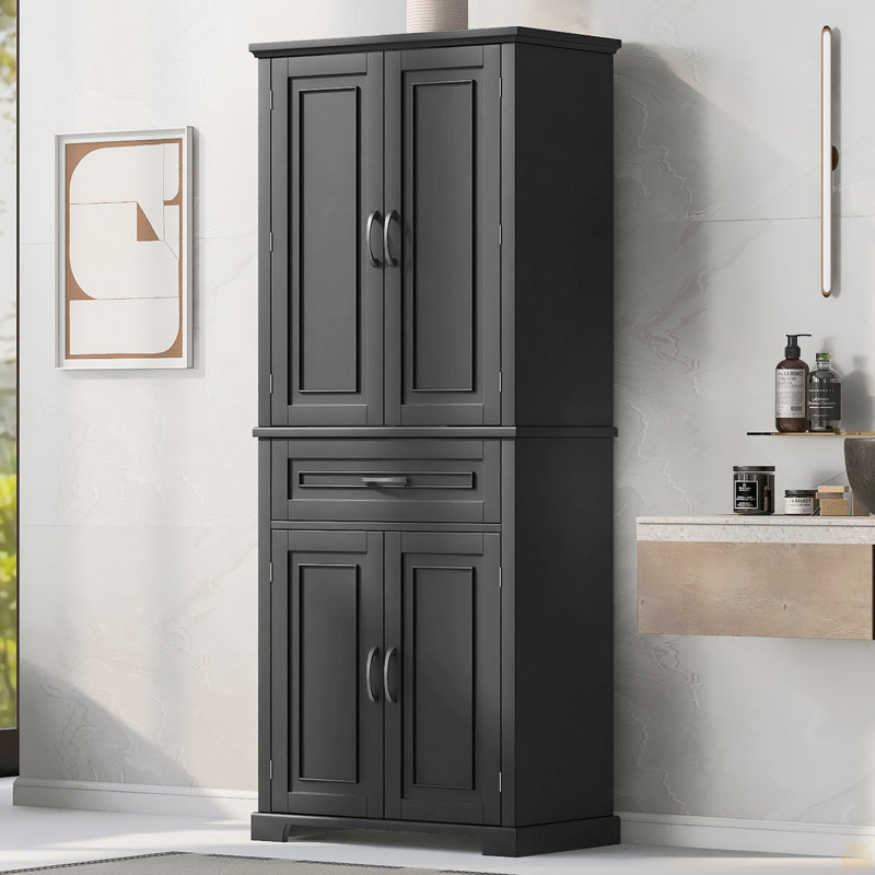 Armoire de rangement pour salle de bain avec portes et tiroir, plusieurs espaces de rangement, tablette réglable, Noir