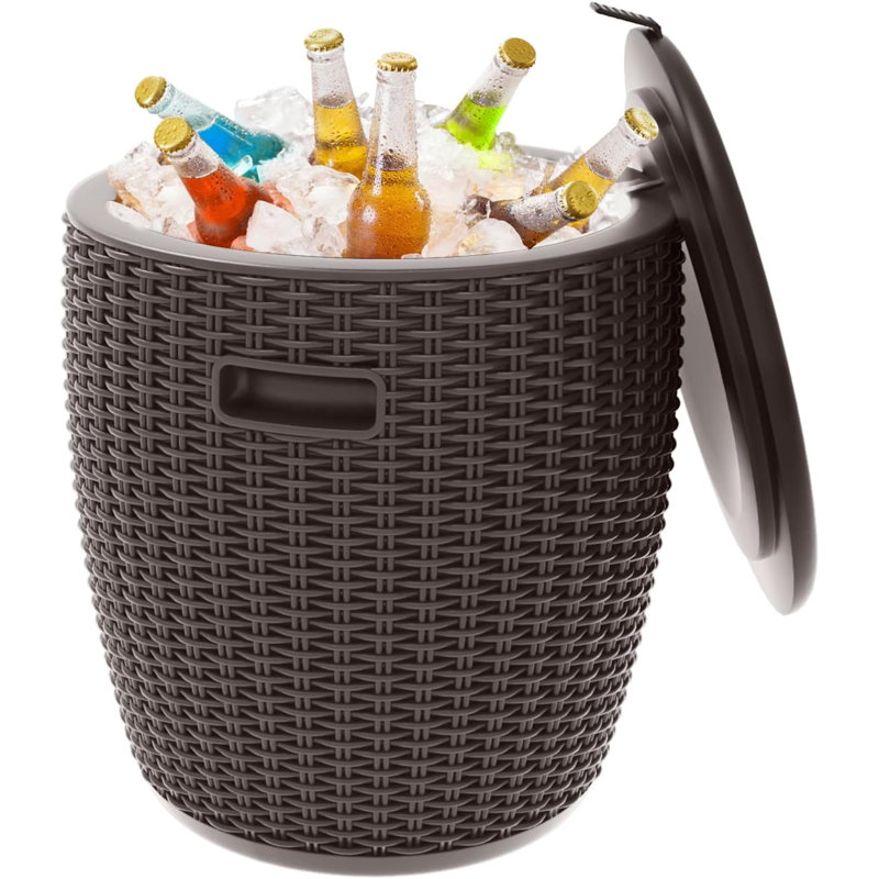 Table d'appoint pour refroidisseur de glace d'extérieur 9,5 gallons SHAREWIN, coffre à glace portatif rond en rotin avec poignée intégrée, poignées latérales avec couvercle supérieur