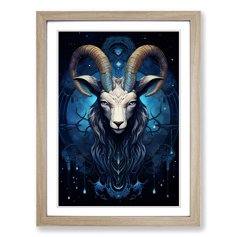 Capricorn Zodiac Geometric - Single Picture Frame Print on Wood, 46cm H x 34cm W x 2cm D, Oak 
