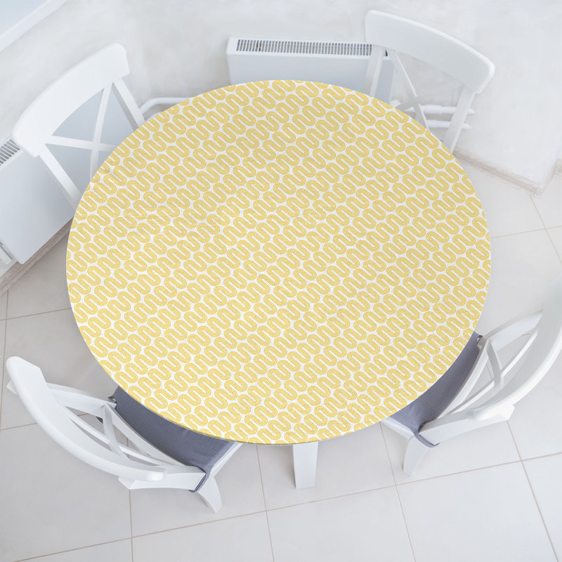 Ebern Designs Geometric Fitted Round Tablecloth White and Mustard, 64.17" Round