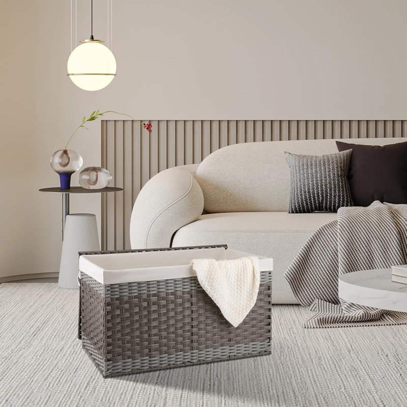 Grand panier de rangement en osier avec couvercle, panier en rotin PP tissé à la main, pour salle de lavage, Gris