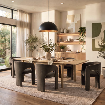 63"-95" Extendable Wood Veneer Dining Table Set with 6 Sculptural Velvet Armchairs
