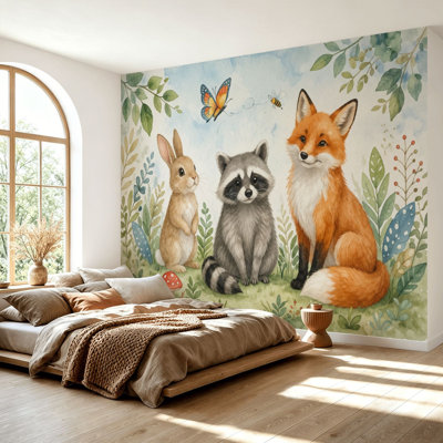 Wall Mural Peel and Stick Wallpaper Whimsical Woodland Animals Fox Raccoon Rabbit Forest Setting Self-Adhesive Removable Contact Paper Wall Decor for Living Room Bedroom 69"H x 96"W