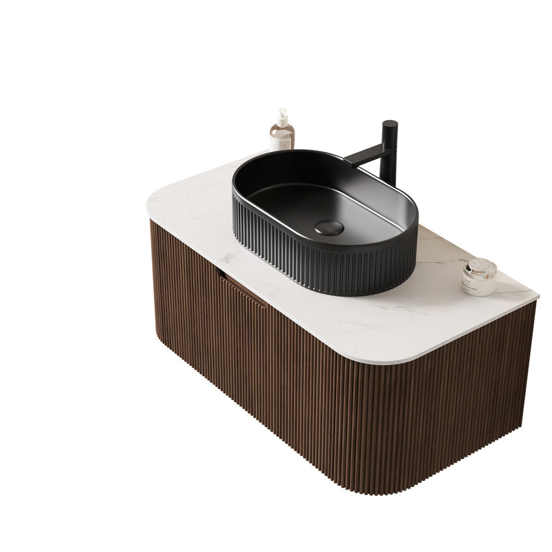 Meuble-lavabo de 36 po avec lavabo en céramique noire, armoire murale avec finition rayée 3D de style français, noyer foncé, tiroir à fermeture en douceur, vasque moderne pré-assemblée, armoire de rangement,