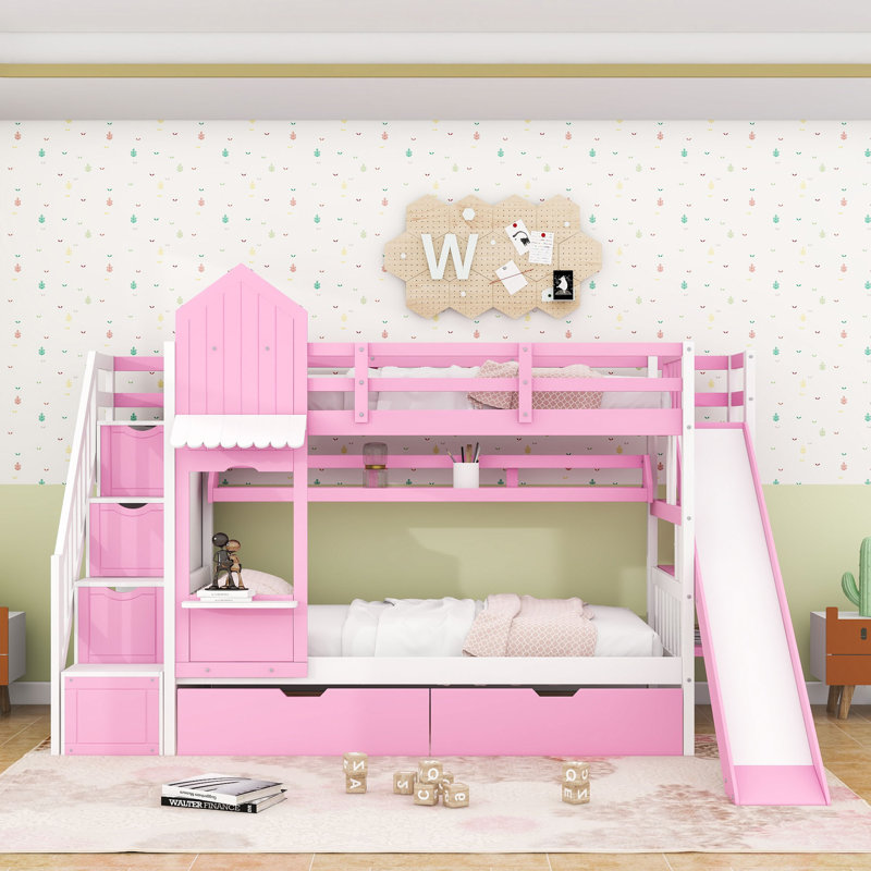 2 Drawers Bunk Bed with Storage Stairs, Slide and Shelves, Twin over Twin, Pink