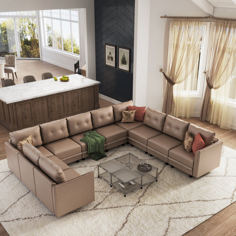 Cissiee Upholstered U-Shaped Sectional Right Hand Facing, Brown Polyester Blend