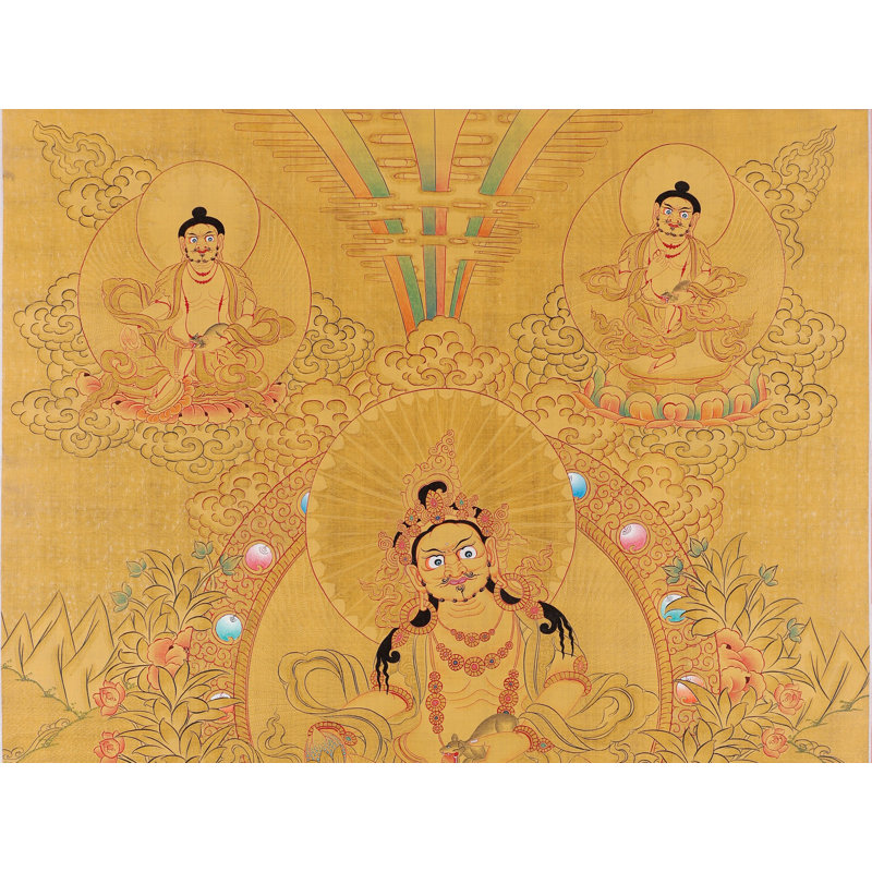 Art mural tibétain peint à la main Thangka de H 30,3 po x l 20,1 po Kubera avec véritable feuille d'or 24 carats