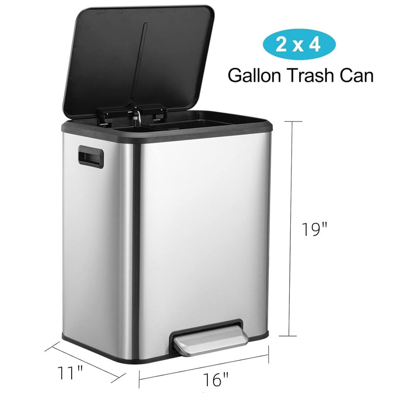 Poubelle, poubelle double en acier inoxydable 2 x 4 gallons (2 x 15 L) avec bac de recyclage, couvercle à fermeture en douceur, poubelle à pédale, argent (avec seaux intérieurs en plastique amovibles)