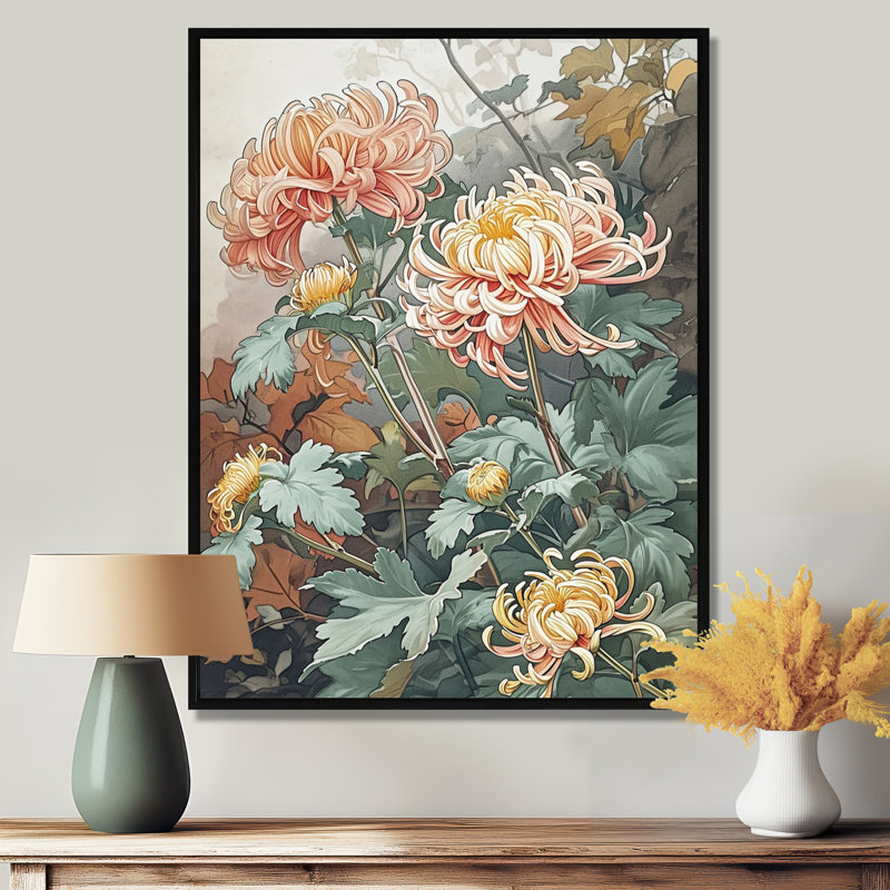 Blooming Pink Chrysanthemums Retro Illustration - Chrysanthemums, art mural, H 20 po x l 12 po x P 1 po