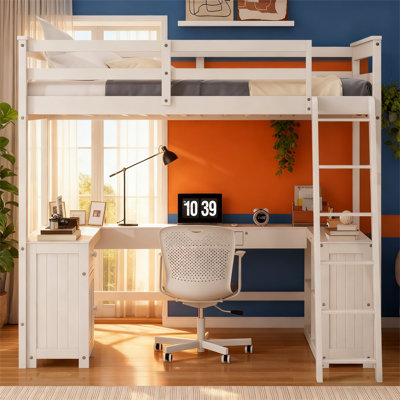 Full Size Loft Bed with U-Shaped Desk, Drawers & Storage Shelves | Solid Wood Frame, Guardrails & Built-In Cabinet | Space-Saving Workstation Loft