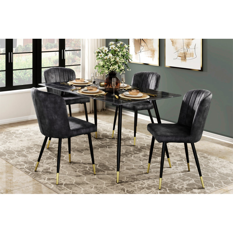Charcoal Velvet Upholstered Side Chair with Black Metal Legs