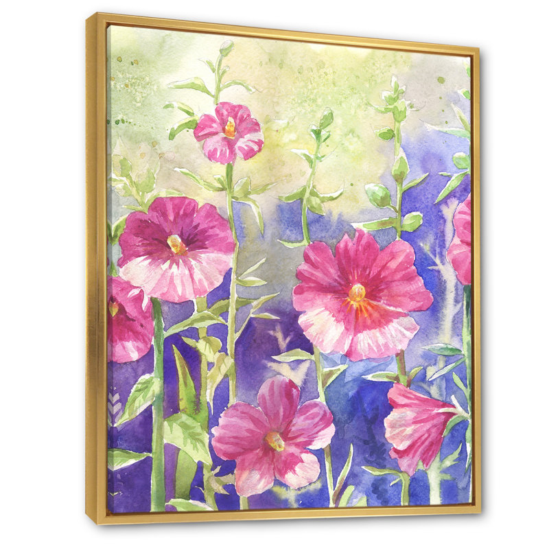 «Blossoming Pink Wildflowers», art mural sur toile traditionnel, H 12 po x l 8 po x P 1 po, Toile encadrée flottante dorée