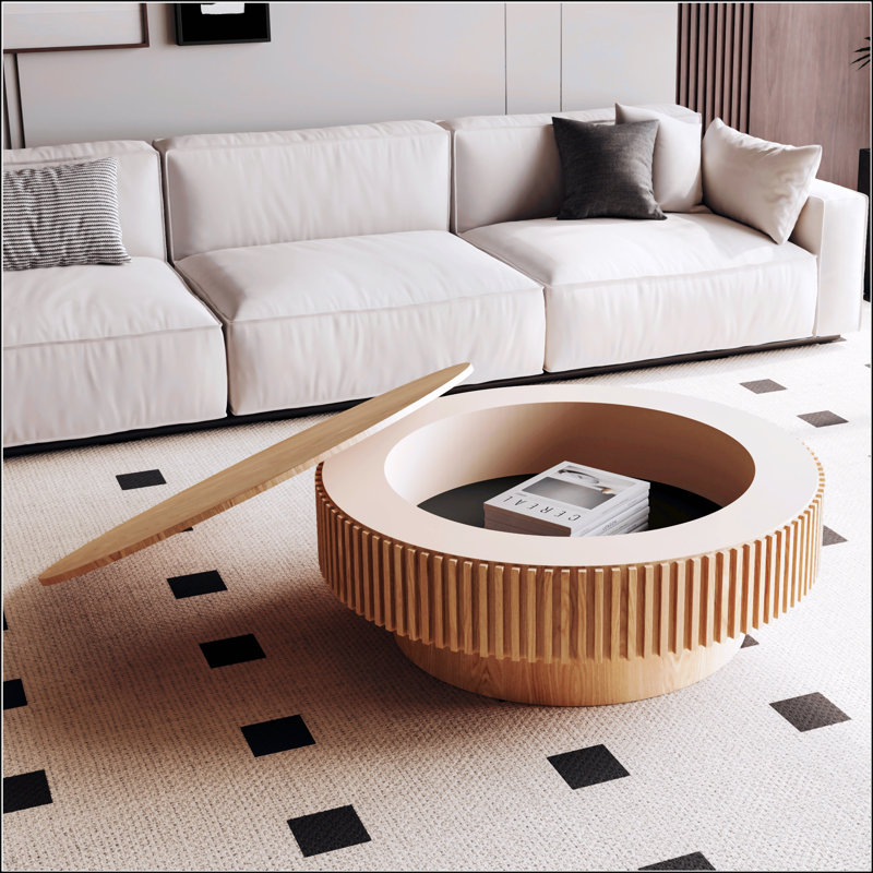 Table basse ronde avec rangement, table d'appoint moderne en placage de bois massif pour le salon et le bureau, Naturel