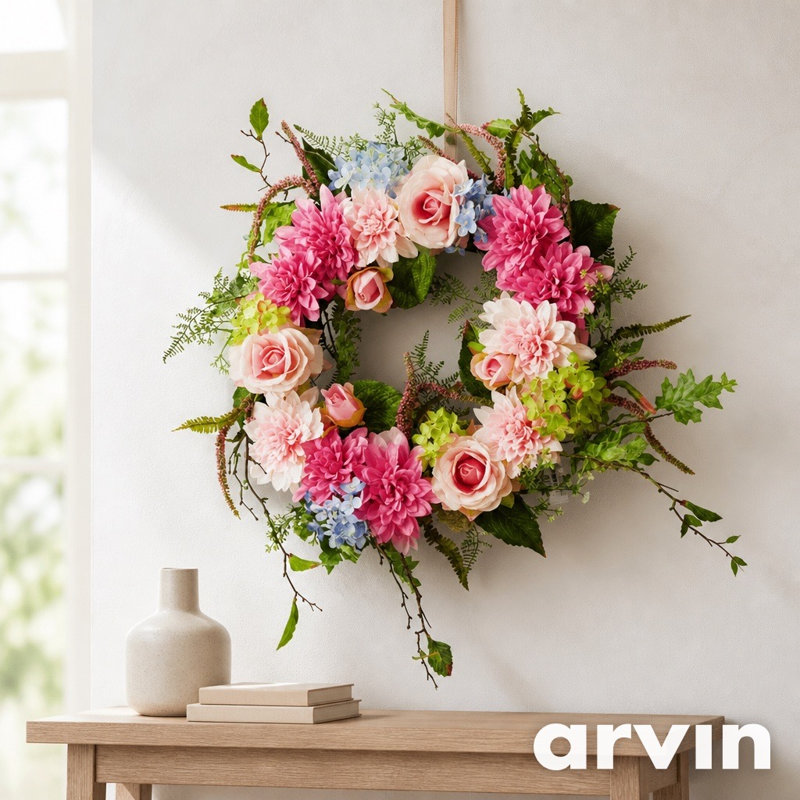 24" Pink Dahlia Rose Hydrangea Wreath
