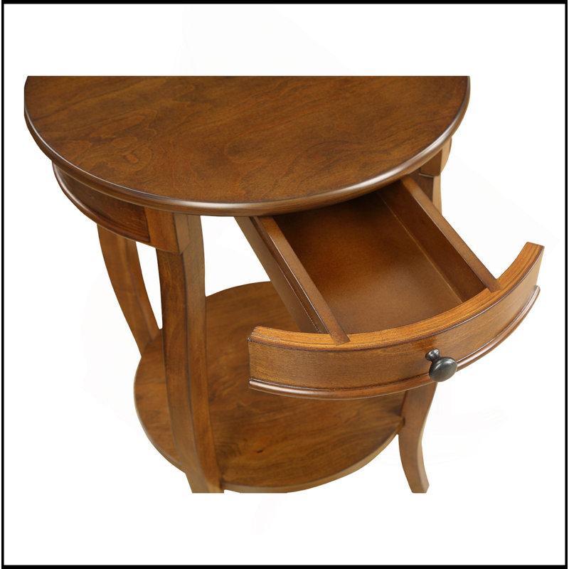 Table d'appoint ronde avec 1 tiroir et rangement ouvert, noyer