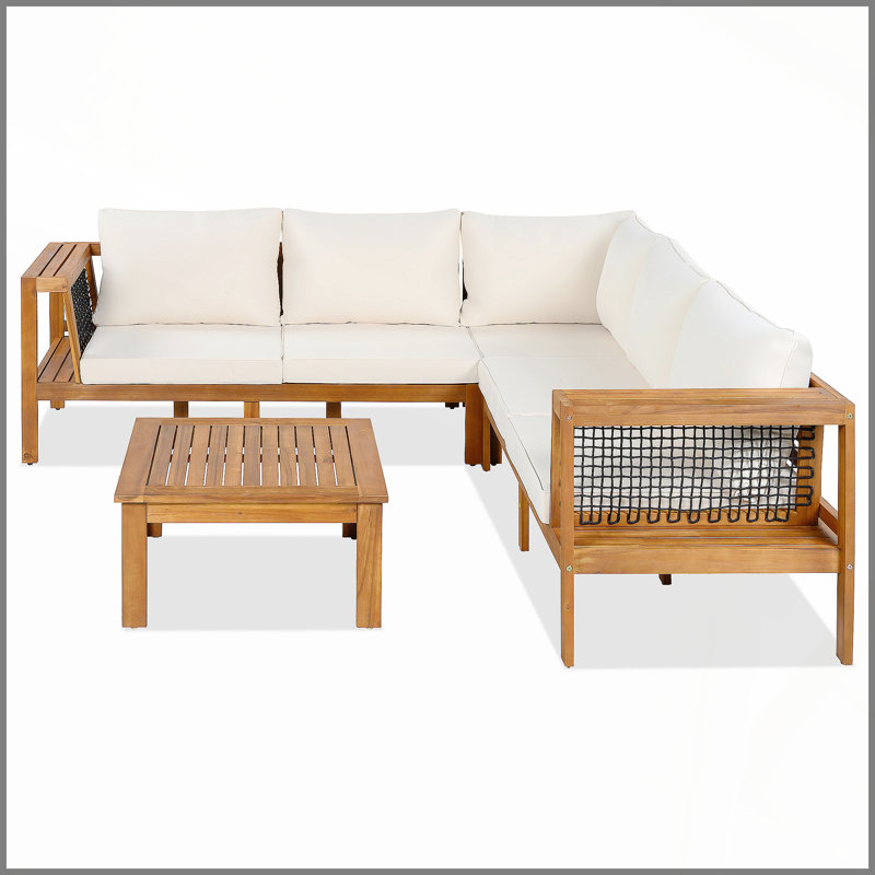 Ensemble de 4 canapés d'extérieur en bois d'acacia, accoudoirs en filet tissé, ensemble de canapé de patio en L avec table basse, ensemble de conversation d'extérieur avec coussins et table d'appoint, aspect couleur teck