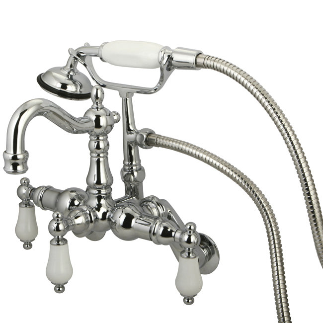 Hot Springs Triple Handle Wall Mounted Clawfoot Tub Faucet with Handshower, Satin Nickel