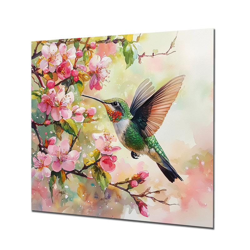 Hummingbird In The Blossoms II - Hummingbird, impression murale sur métal, H 36 po x l 36 po