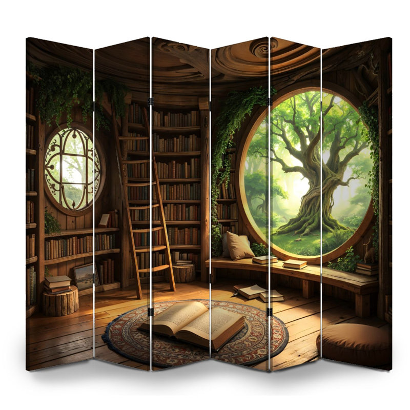 Cloison pliante avec 6 panneaux et bibliothèque pour arbre royal avec fenêtre ronde et bibliothèque en bois vert, Color 19