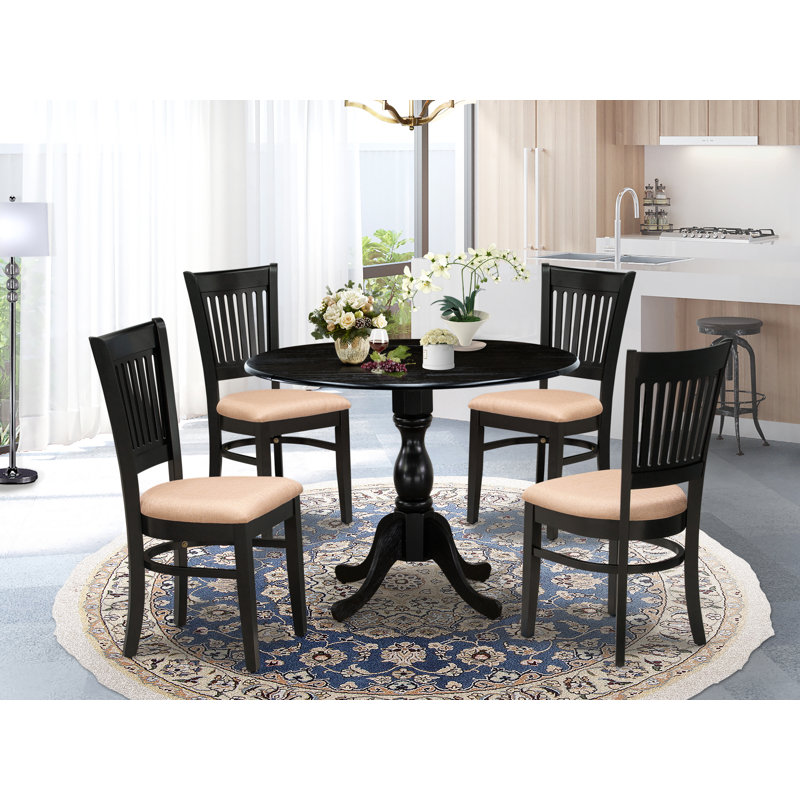 L'ensemble 5 pièces de table et chaises de cuisine comprend une table de salle à manger ronde avec Dropleaf et 4 chaises de salle à manger en tissu de lin, noir