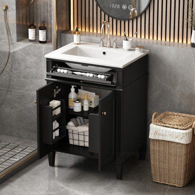 Wooden Bathroom Vanity with Sink, 2 Doors and Tip-Out Drawer