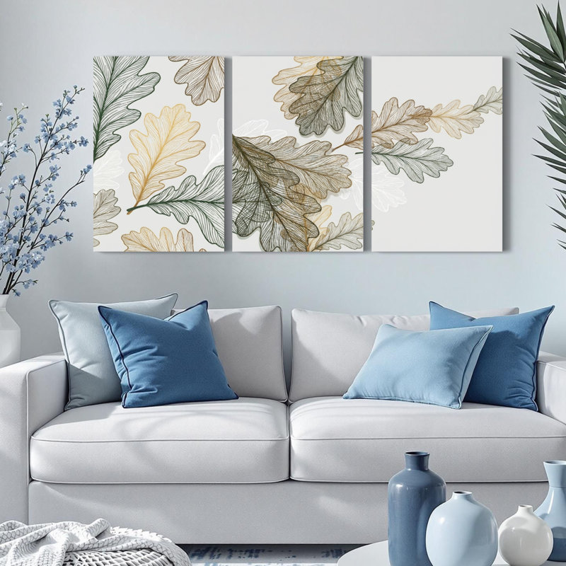 Ensemble de 3 art mural en toile de chêne à motif de feuilles de chêne pour le salon, H 24 po x l 48 po