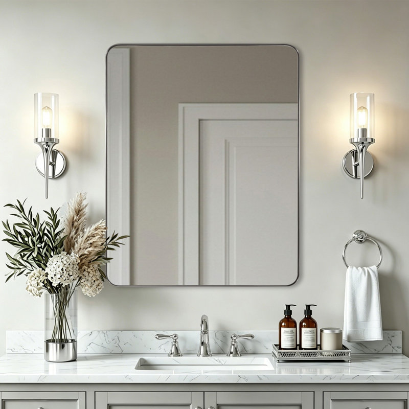 Inse Modern Rounded Rectangle Bathroom Vanity Mirror | Stainless Steel Frame, Polished Chrome, 30" x 24"