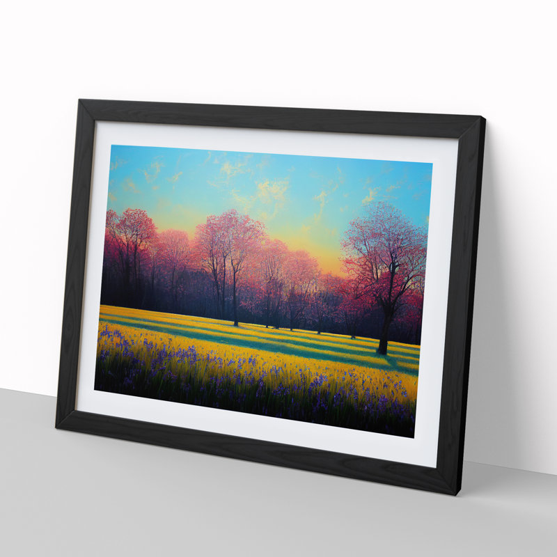 Fanciful Bluebell Field Sunrise - Single Picture Frame Print, 46cm H x 64cm W x 2cm D, Black Framed