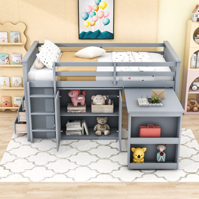 Lit mezzanine simple avec armoire, tiroir, tablette et bureau