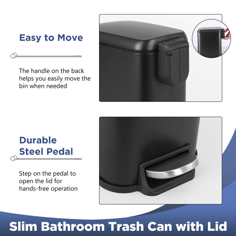 Black Rectangular Stainless Steel Pedal Trash Can with Quiet Close Lid