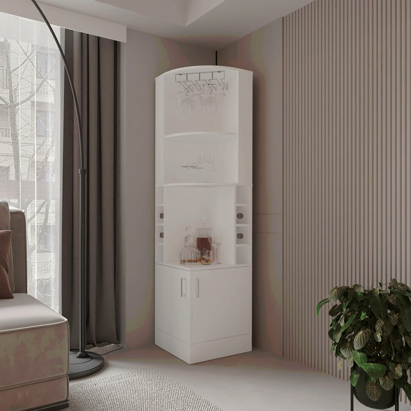 Armoire de coin blanche avec rangement pour bouteilles de vin et porte-verres, Blanc