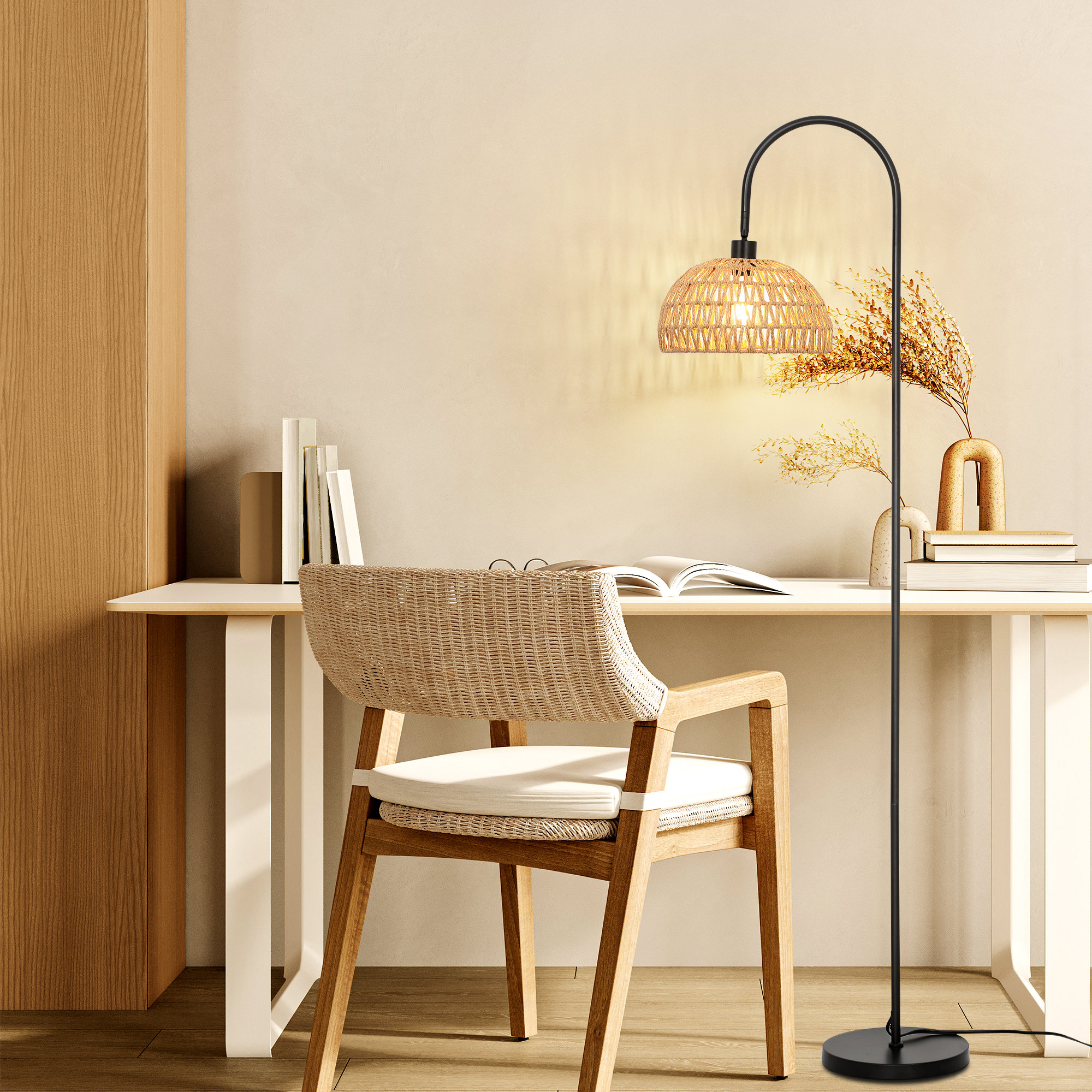 Bay Isle Home™ Aarzo 62" Arched/Arc Rattan Floor Lamp with Remote Control & Reviews | Wayfair