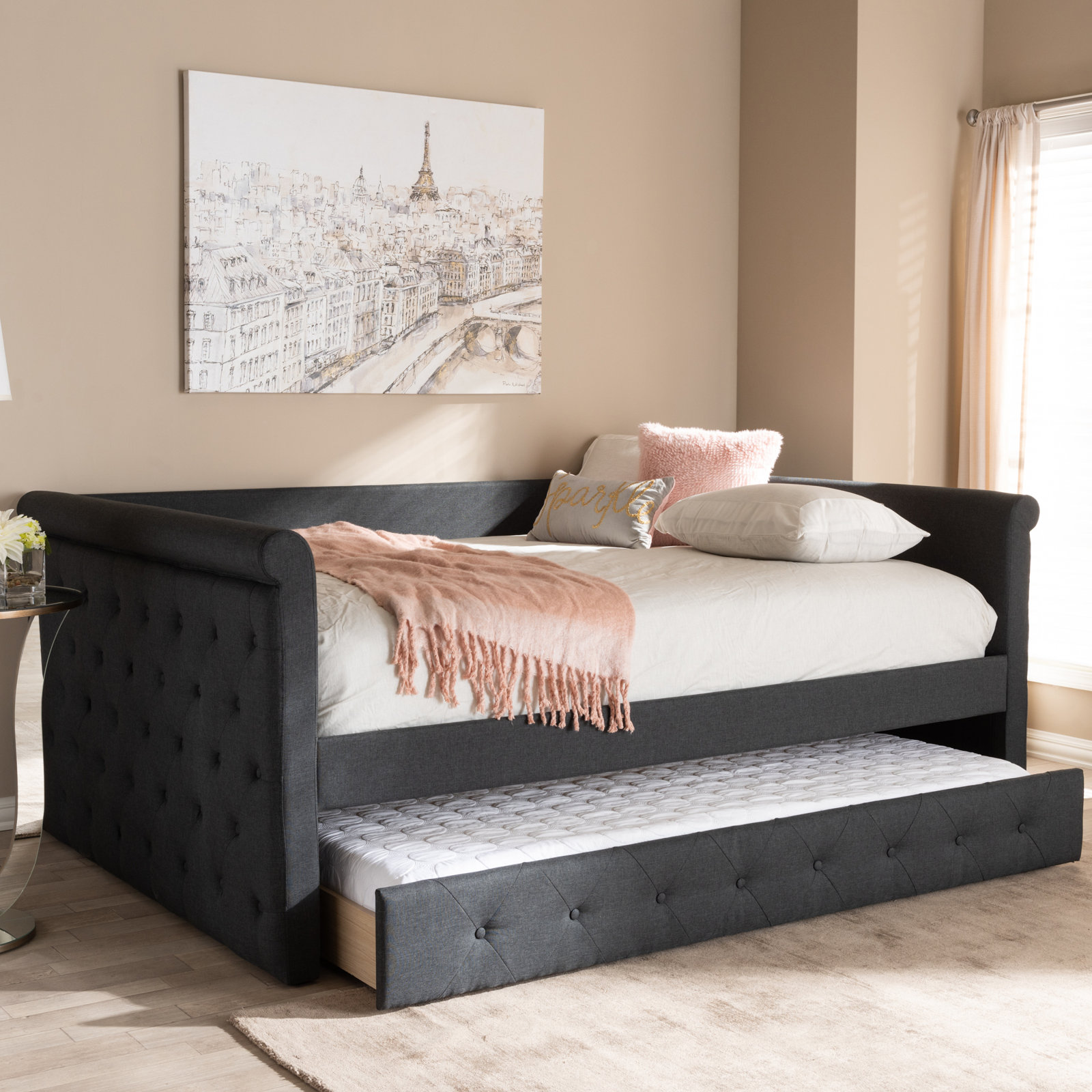 Samitha Upholstered Daybed with Trundle, Full, Dark Gray