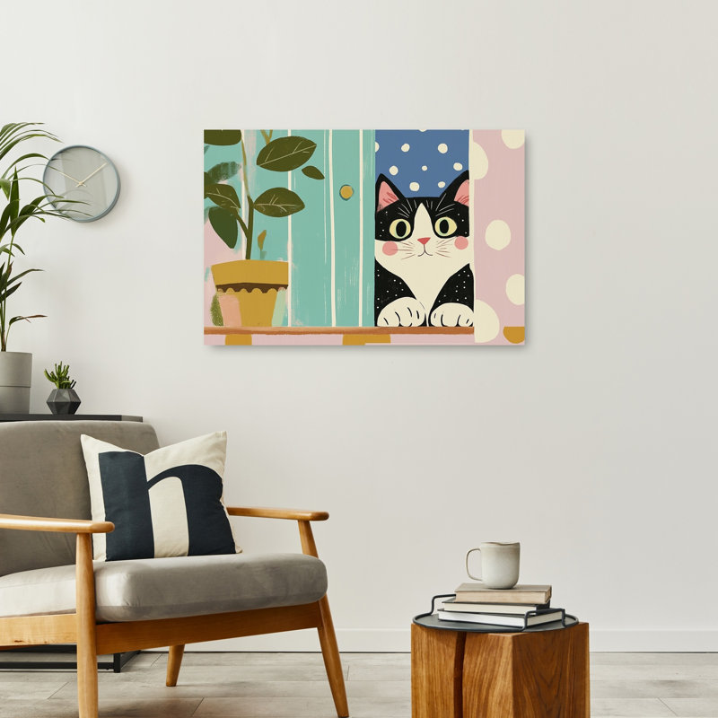 Curious Cat Peeking Playful Whimsical Contemporary Cat Plant Wall Art Print by Mathieu - Wrapped Canvas Print