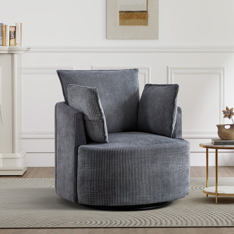 33.86'' Wide Contemporary Soft Upholstered Swivel Barrel Chair With Two Accent Pillows, Dark Gray