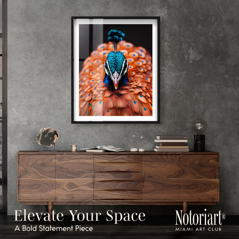 «Fiery Peacock II Shadowbox», art mural de salon par Notoriart, H 37 po x l 31 po, Cadre noir