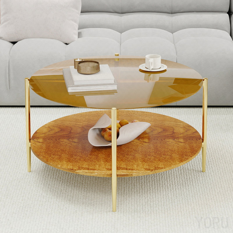 Modern Gold Round Double-Layer Coffee Table - Tempered Glass, 32.28 Inch Diameter