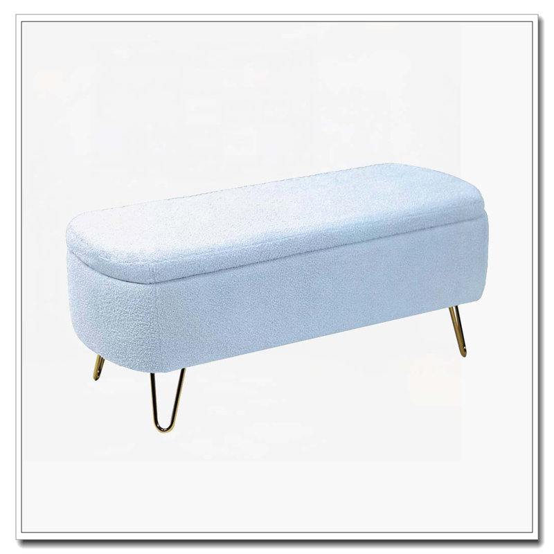 Banc de rangement rabattable en fausse fourrure avec pieds dorés, Bleu