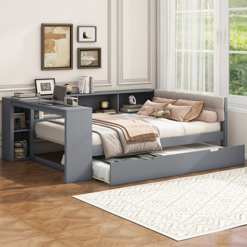 Daybed With Trundle And Charging Station, Full/Double, Gray