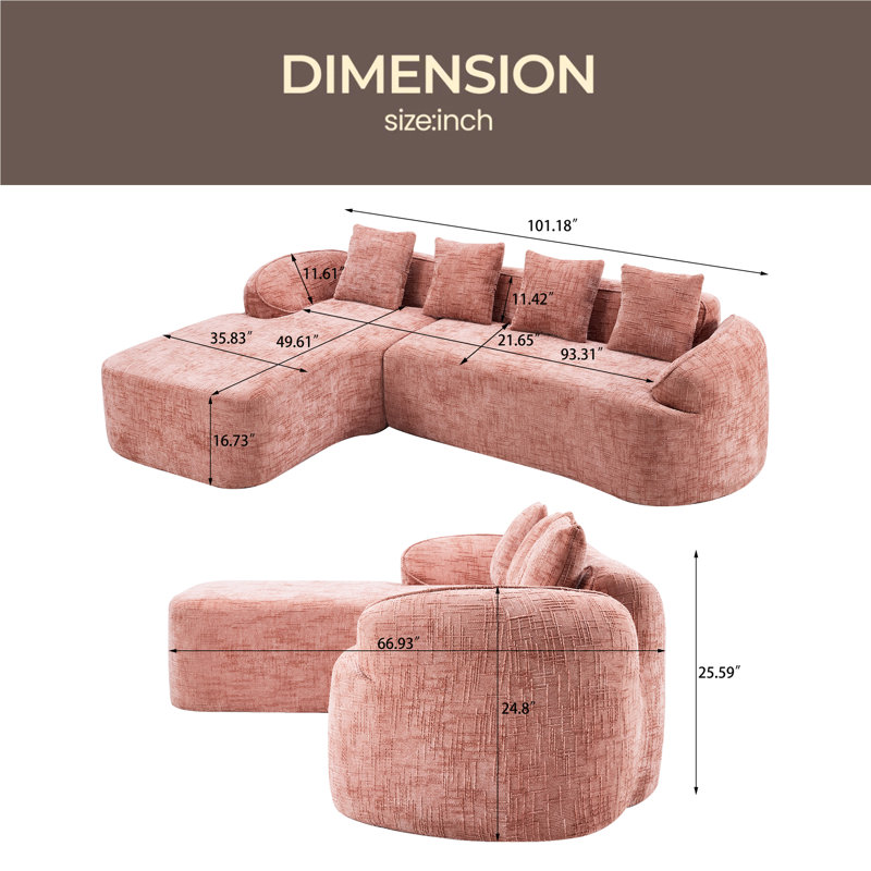 Canapé en chenille compressée en forme de L qui s'agence bien avec n'importe quel salon. Il est doté d'une éponge hautement élastique pour une sensation d'assise confortable, d'accoudoirs courbés et de quatre coussins décoratifs