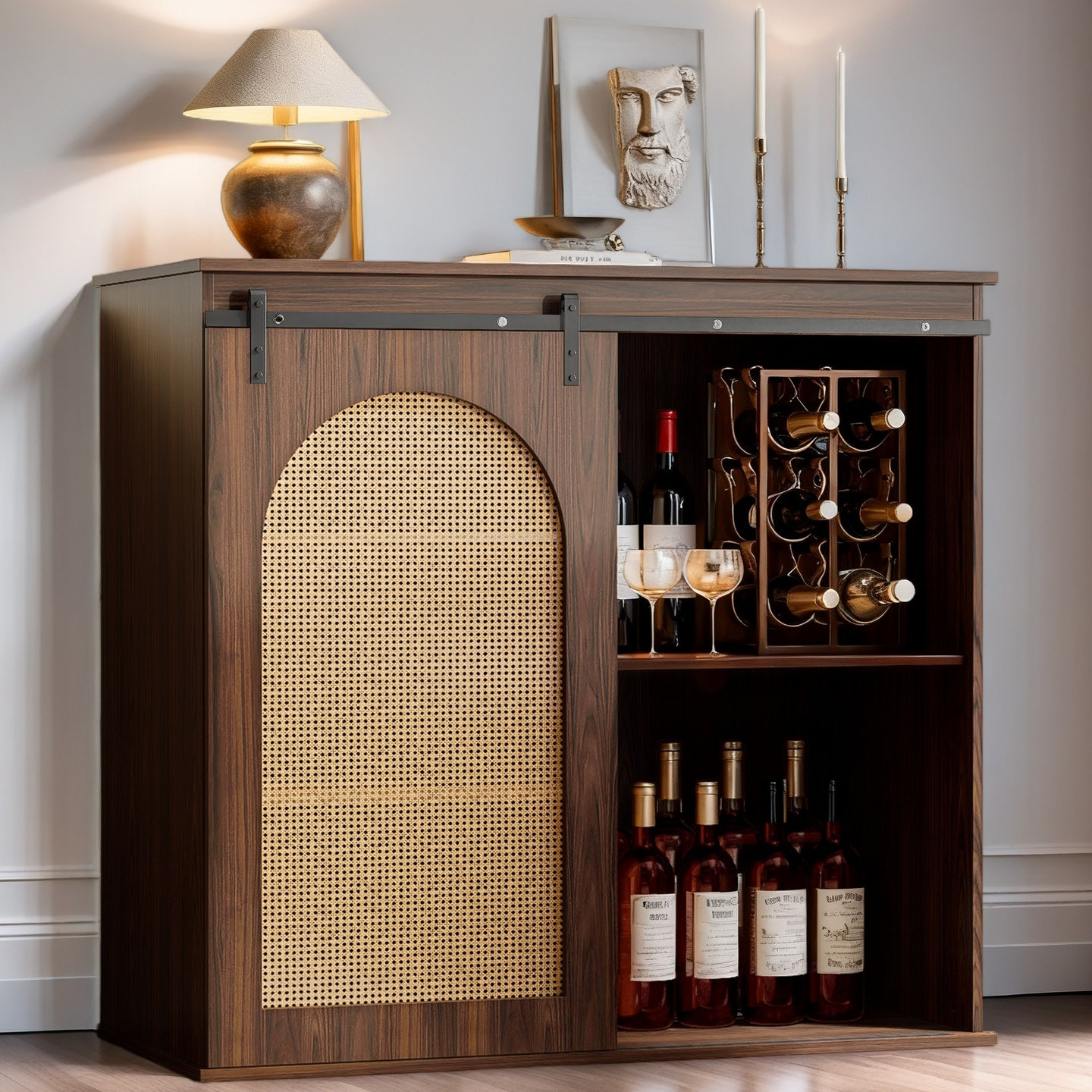 43"Wine Cabinet With Fridge Space, Farmhouse Wine Liquor Cabinet,Sideboard Buffet Cabinet With Sliding Door